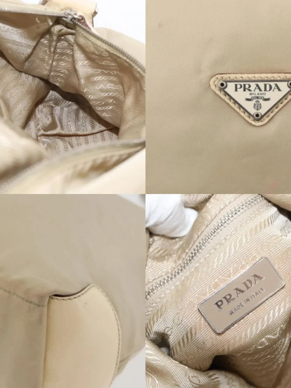 PRADA Shoulder Bag Nylon Beige Silver Auth ka4019
